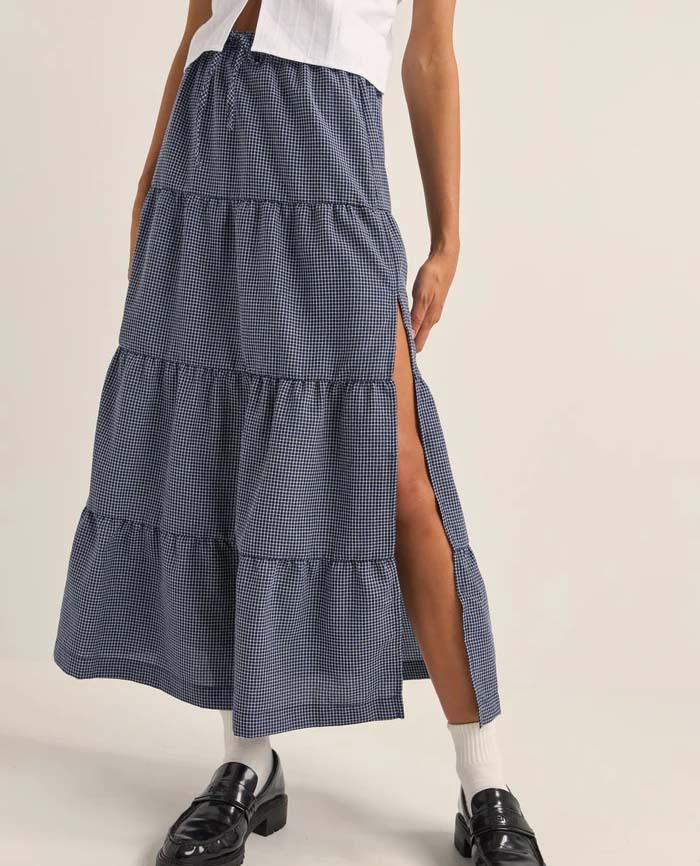 Lola Check Tiered Maxi Skirt-Navy