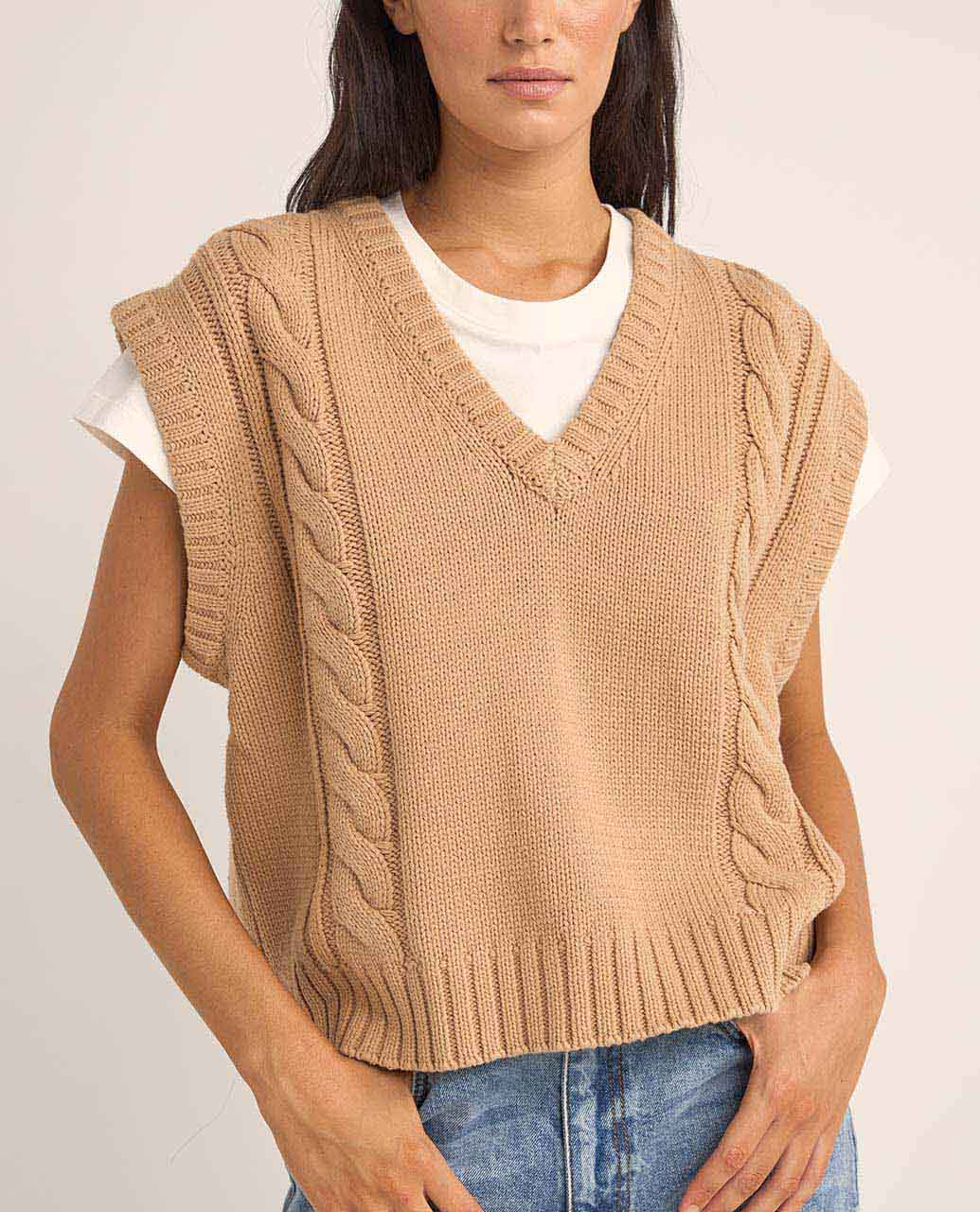 Finley Cable Knit Vest-Sand